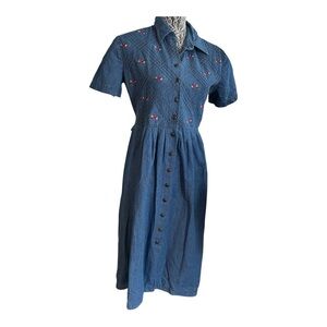 Vintage Sears Blue Embroidered Denim Midi Dress